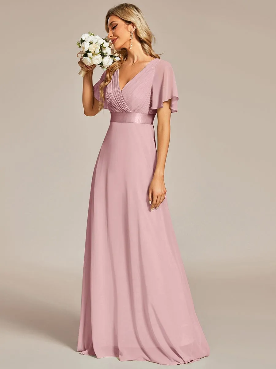 Long Empire Waist Bridesmaid Dress with Short Flutter Sleeves