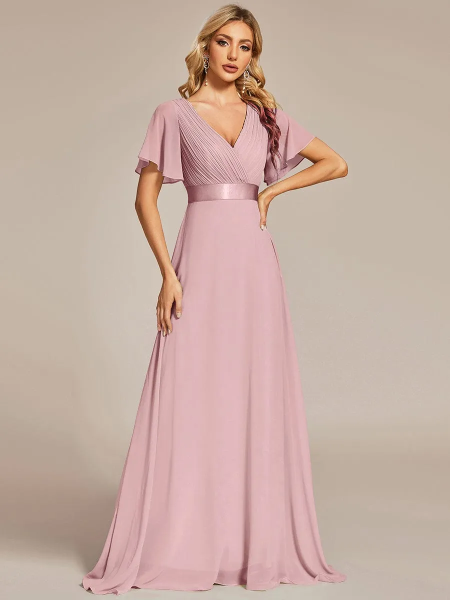 Long Empire Waist Bridesmaid Dress with Short Flutter Sleeves