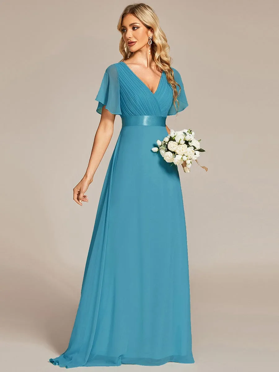 Long Empire Waist Bridesmaid Dress with Short Flutter Sleeves