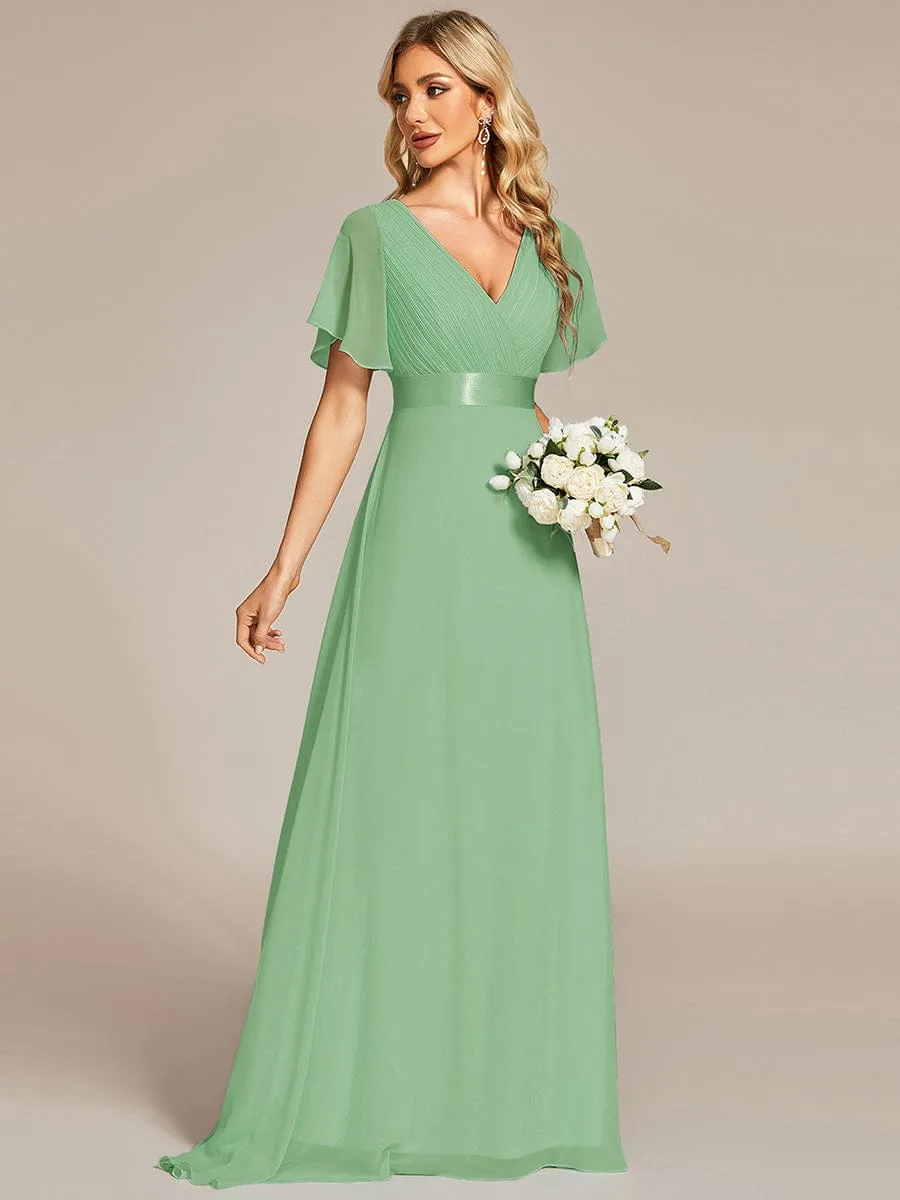 Long Empire Waist Bridesmaid Dress with Short Flutter Sleeves