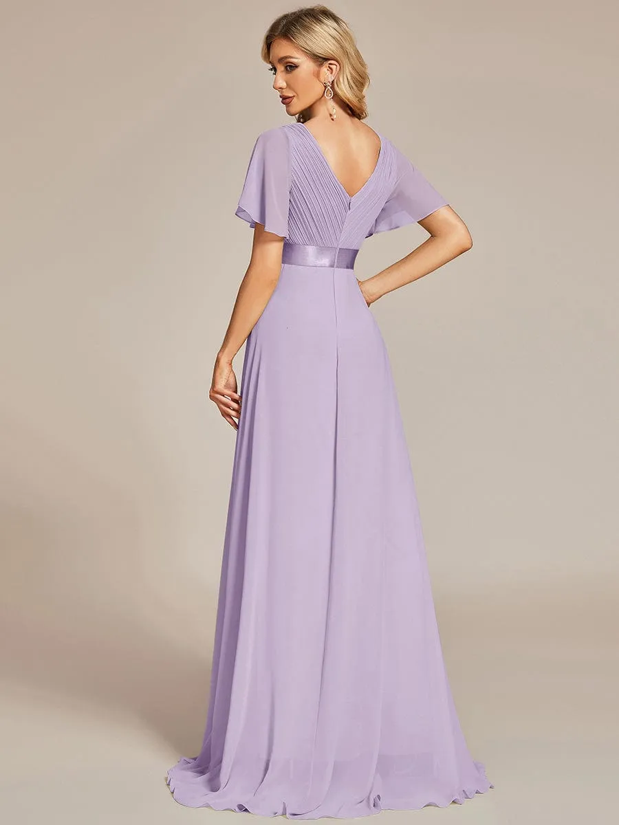 Long Empire Waist Bridesmaid Dress with Short Flutter Sleeves