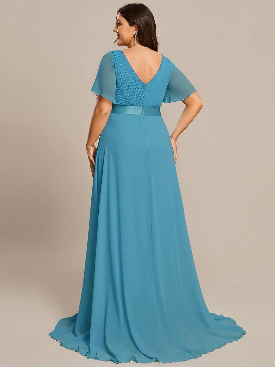 Long Empire Waist Bridesmaid Dress with Short Flutter Sleeves