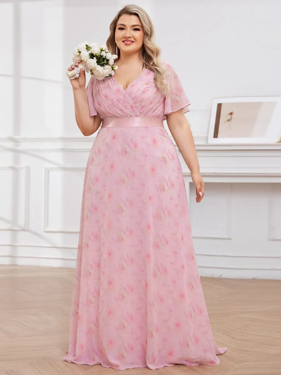 Long Empire Waist Bridesmaid Dress with Short Flutter Sleeves