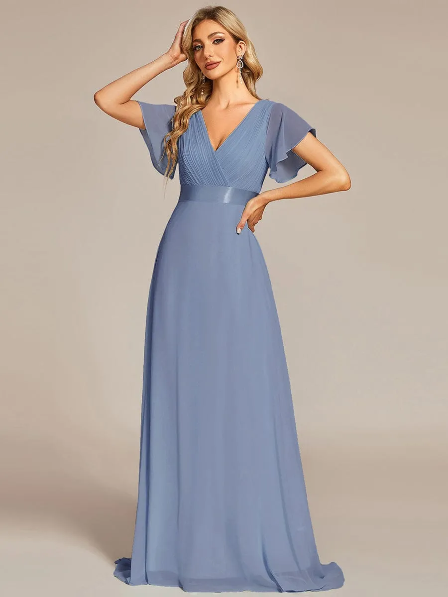 Long Empire Waist Bridesmaid Dress with Short Flutter Sleeves