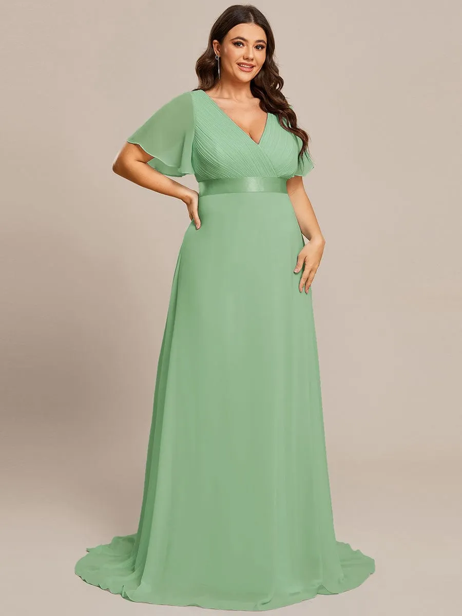 Long Empire Waist Bridesmaid Dress with Short Flutter Sleeves