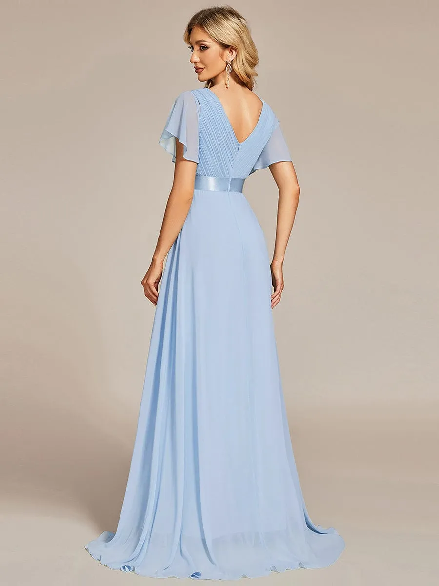 Long Empire Waist Bridesmaid Dress with Short Flutter Sleeves