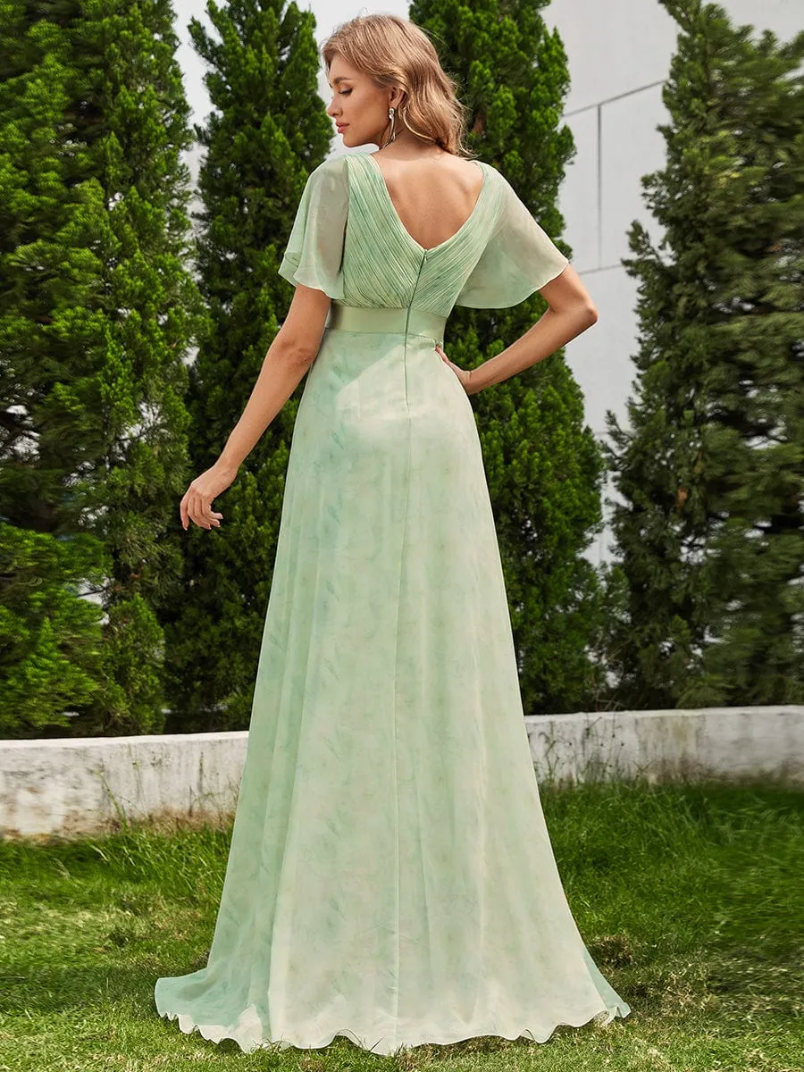 Long Empire Waist Bridesmaid Dress with Short Flutter Sleeves