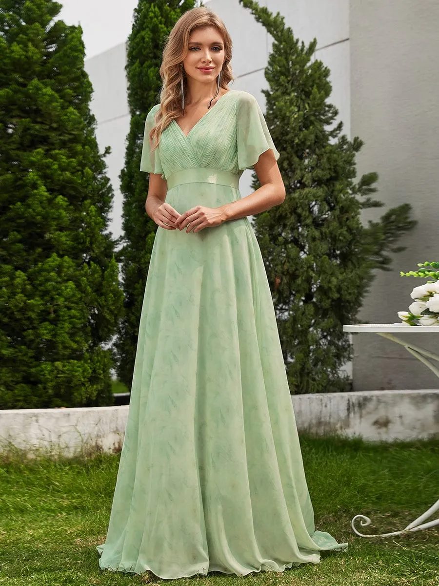 Long Empire Waist Bridesmaid Dress with Short Flutter Sleeves