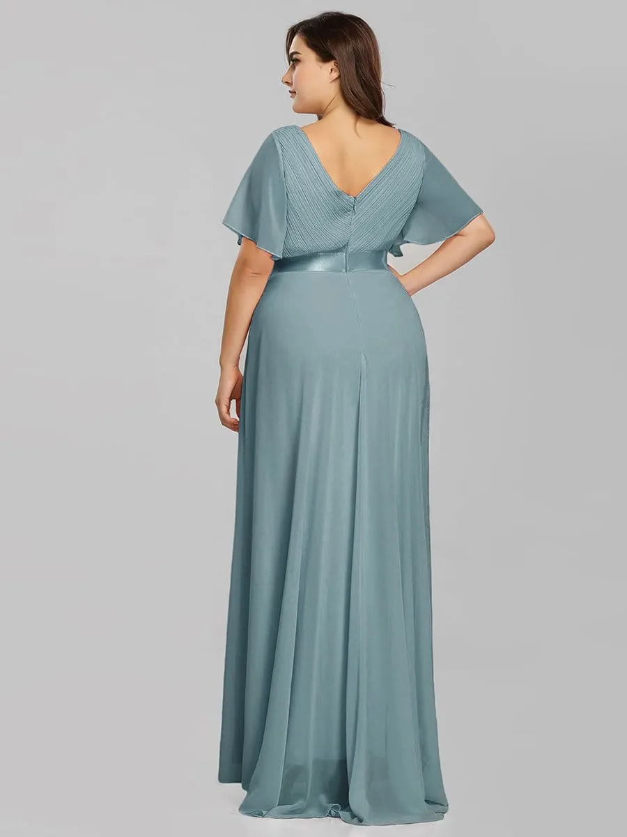 Long Empire Waist Bridesmaid Dress with Short Flutter Sleeves