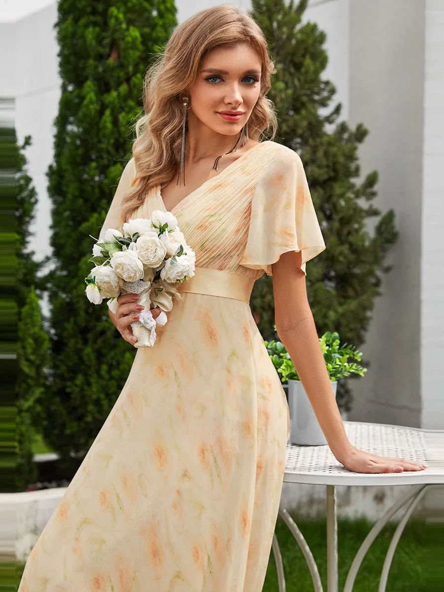 Long Empire Waist Bridesmaid Dress with Short Flutter Sleeves