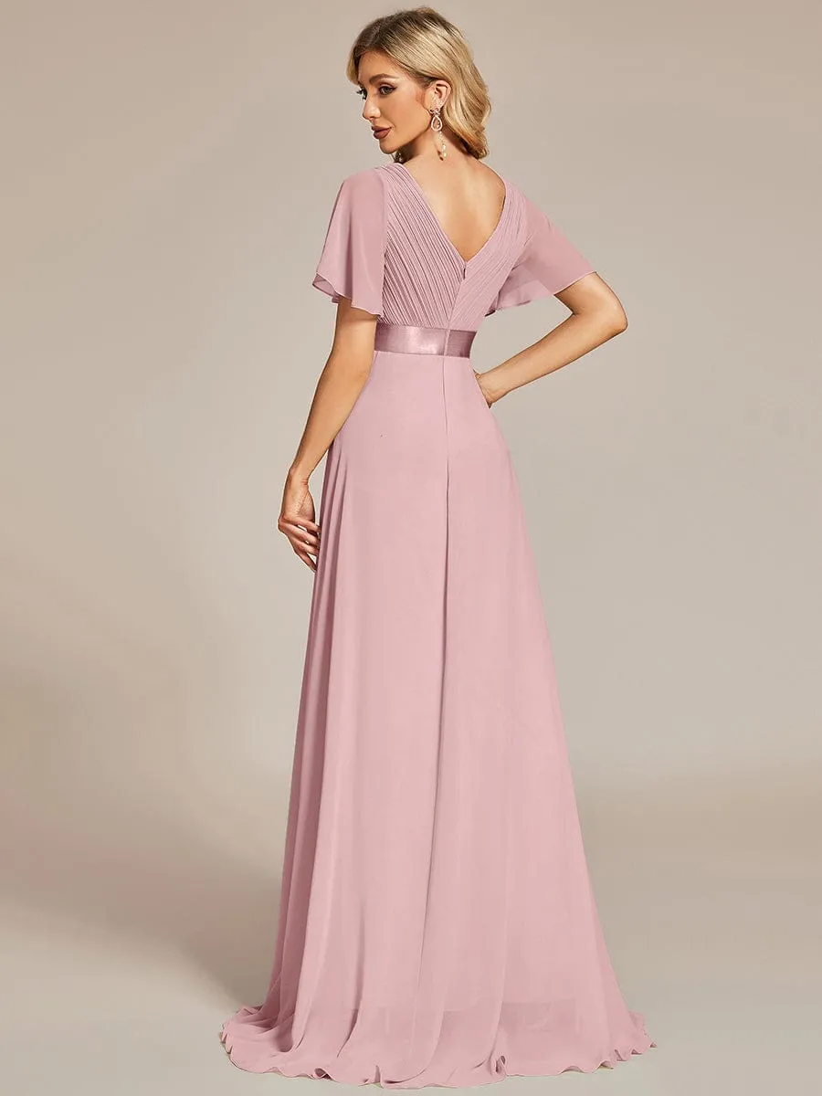 Long Empire Waist Bridesmaid Dress with Short Flutter Sleeves