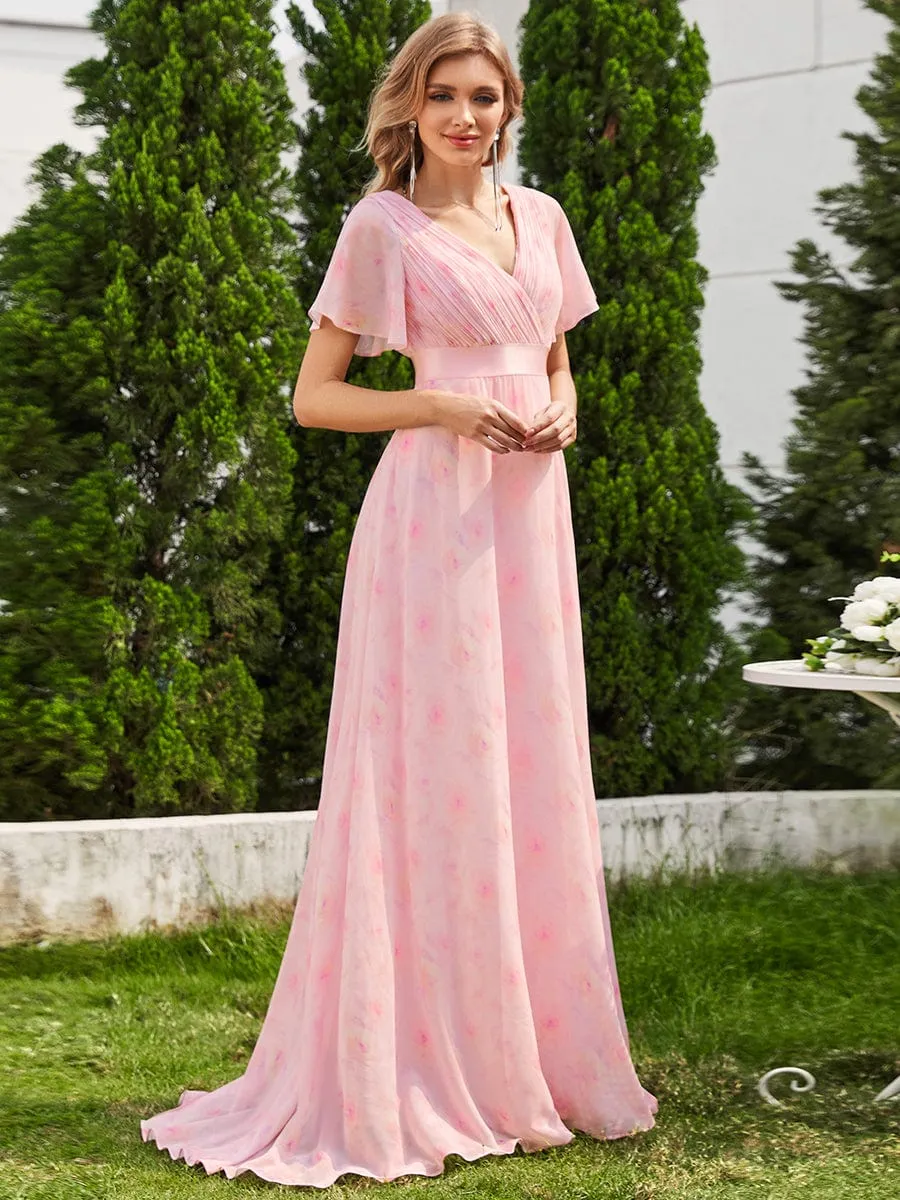 Long Empire Waist Bridesmaid Dress with Short Flutter Sleeves