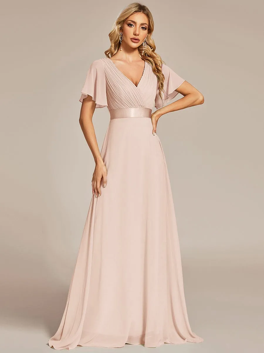 Long Empire Waist Bridesmaid Dress with Short Flutter Sleeves