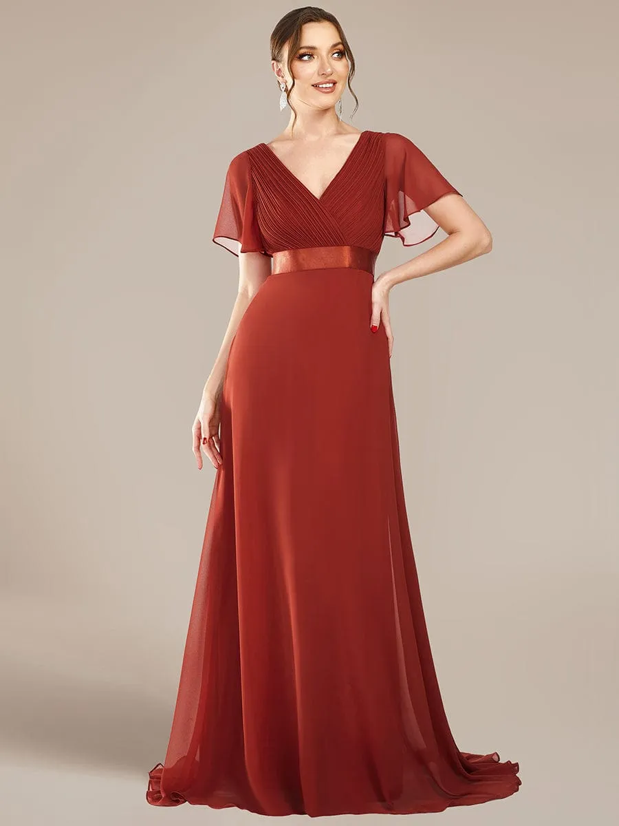 Long Empire Waist Bridesmaid Dress with Short Flutter Sleeves