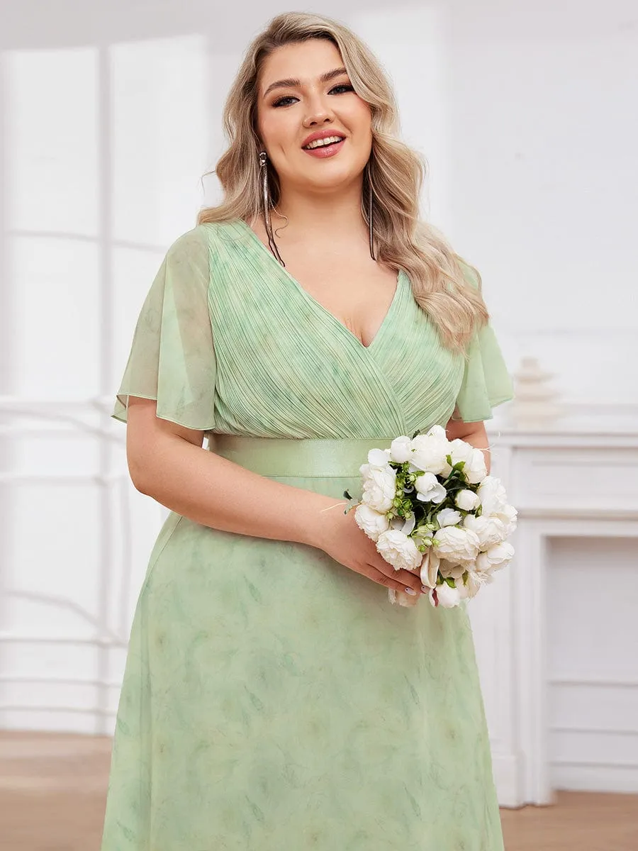 Long Empire Waist Bridesmaid Dress with Short Flutter Sleeves