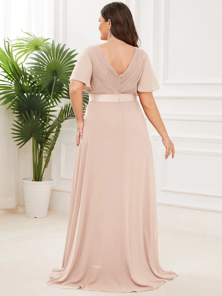 Long Empire Waist Bridesmaid Dress with Short Flutter Sleeves