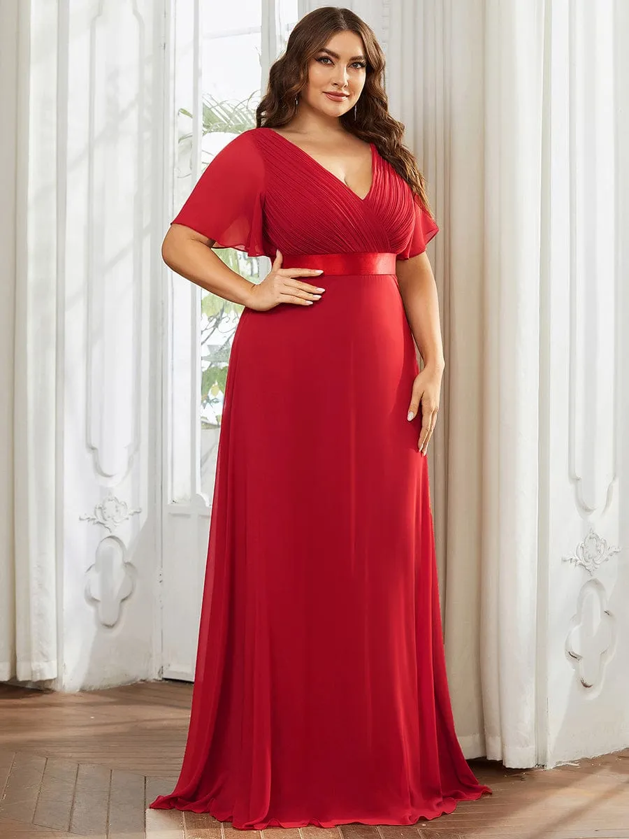 Long Empire Waist Bridesmaid Dress with Short Flutter Sleeves