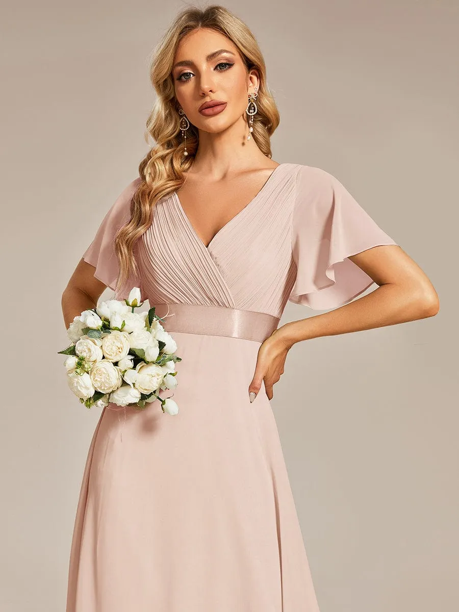 Long Empire Waist Bridesmaid Dress with Short Flutter Sleeves