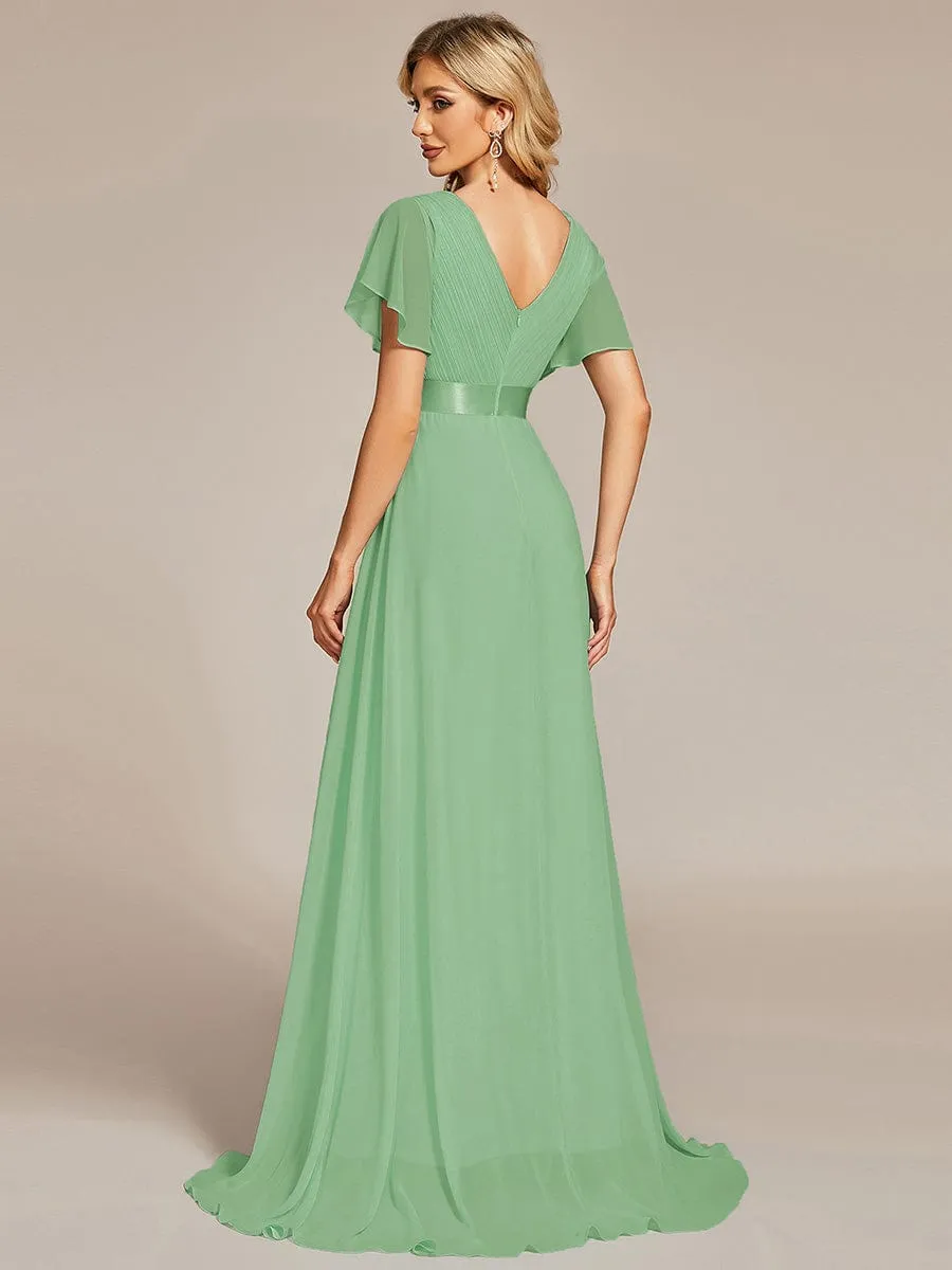 Long Empire Waist Bridesmaid Dress with Short Flutter Sleeves