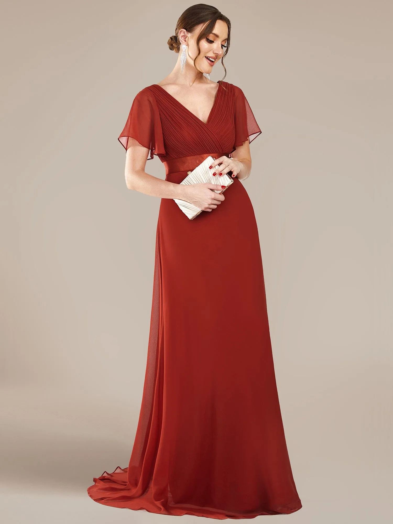 Long Empire Waist Bridesmaid Dress with Short Flutter Sleeves