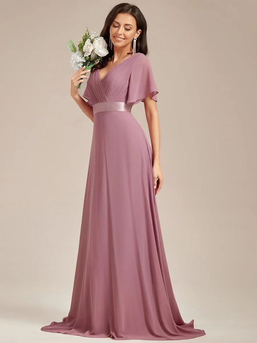 Long Empire Waist Bridesmaid Dress with Short Flutter Sleeves