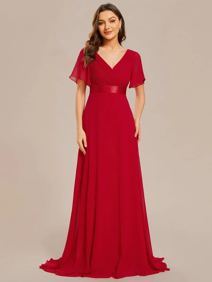 Long Empire Waist Bridesmaid Dress with Short Flutter Sleeves