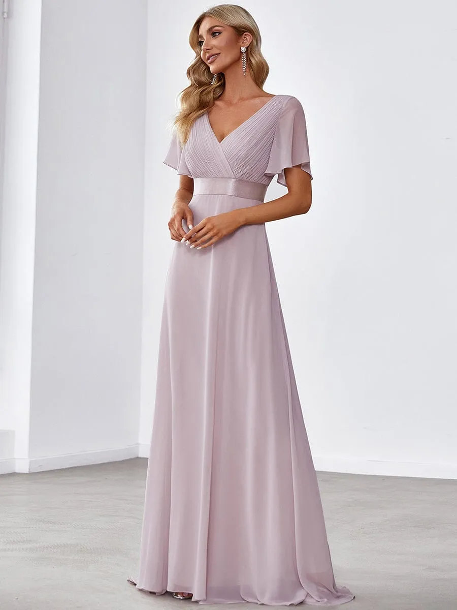 Long Empire Waist Bridesmaid Dress with Short Flutter Sleeves