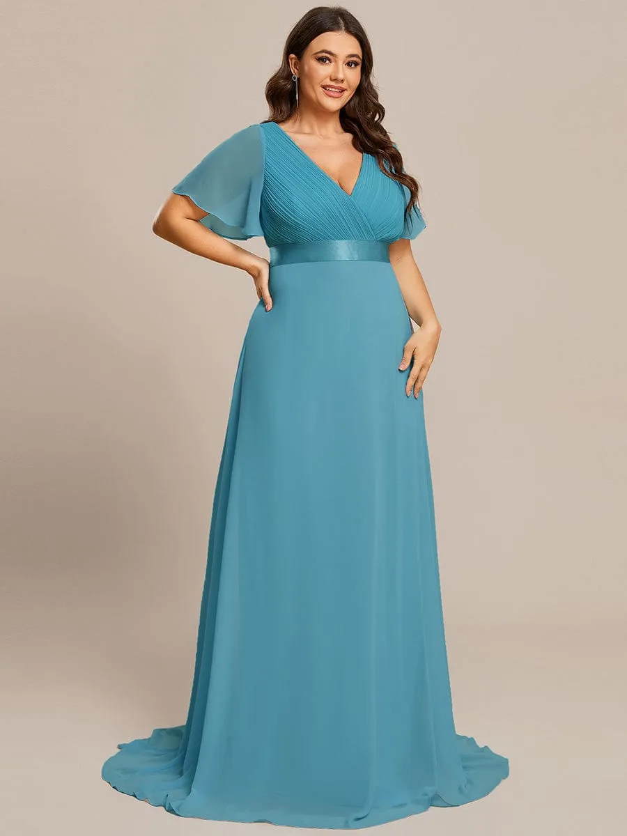 Long Empire Waist Bridesmaid Dress with Short Flutter Sleeves