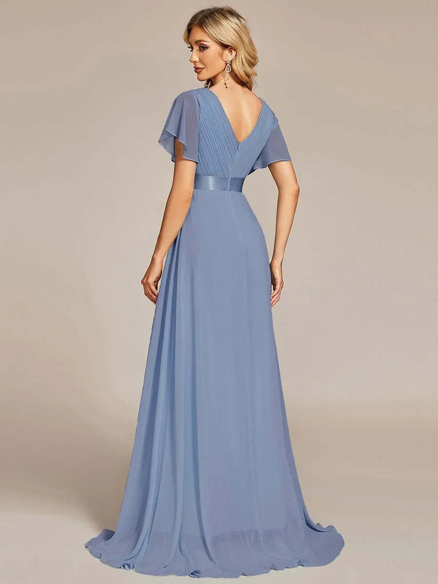 Long Empire Waist Bridesmaid Dress with Short Flutter Sleeves