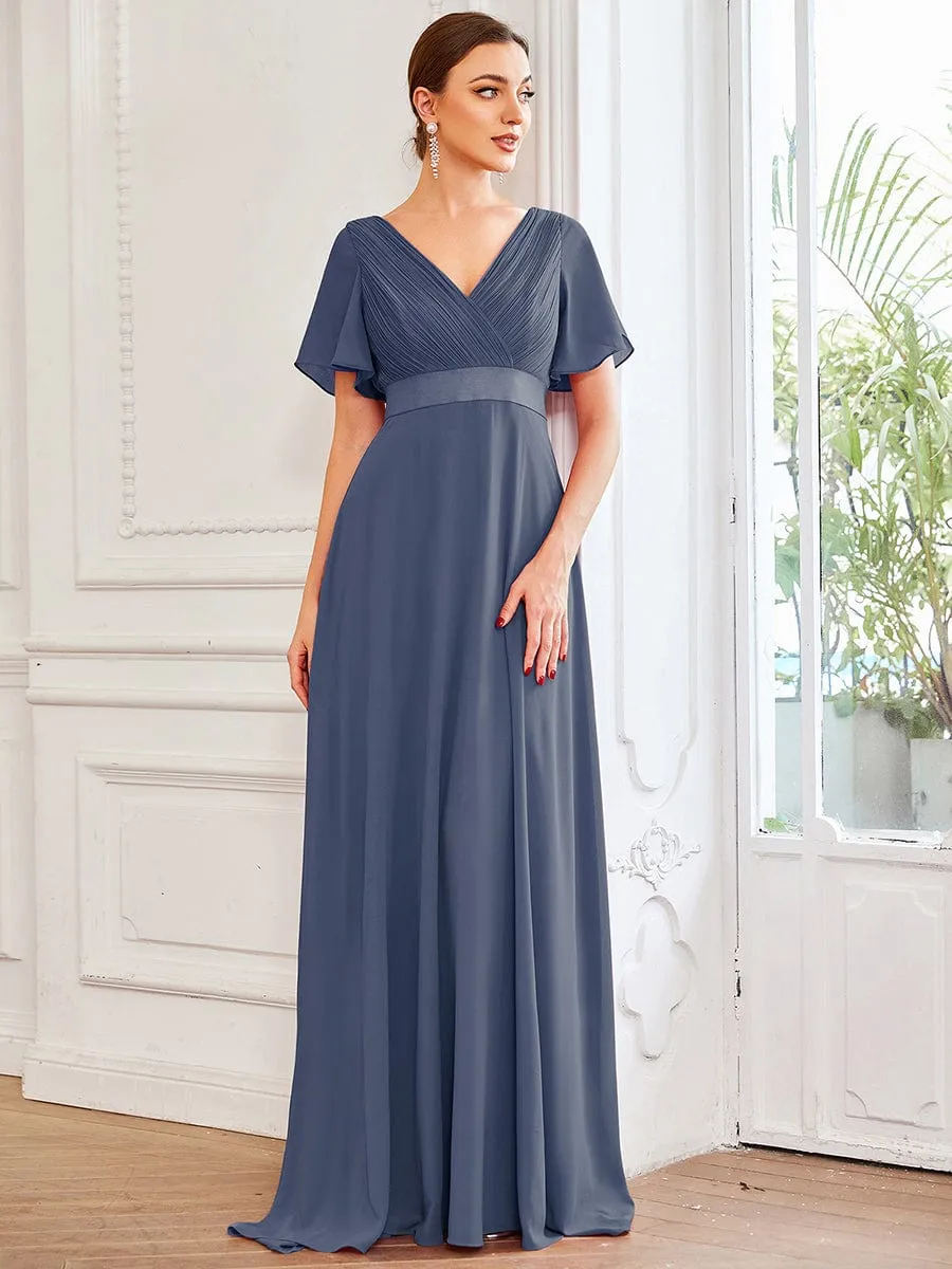 Long Empire Waist Bridesmaid Dress with Short Flutter Sleeves