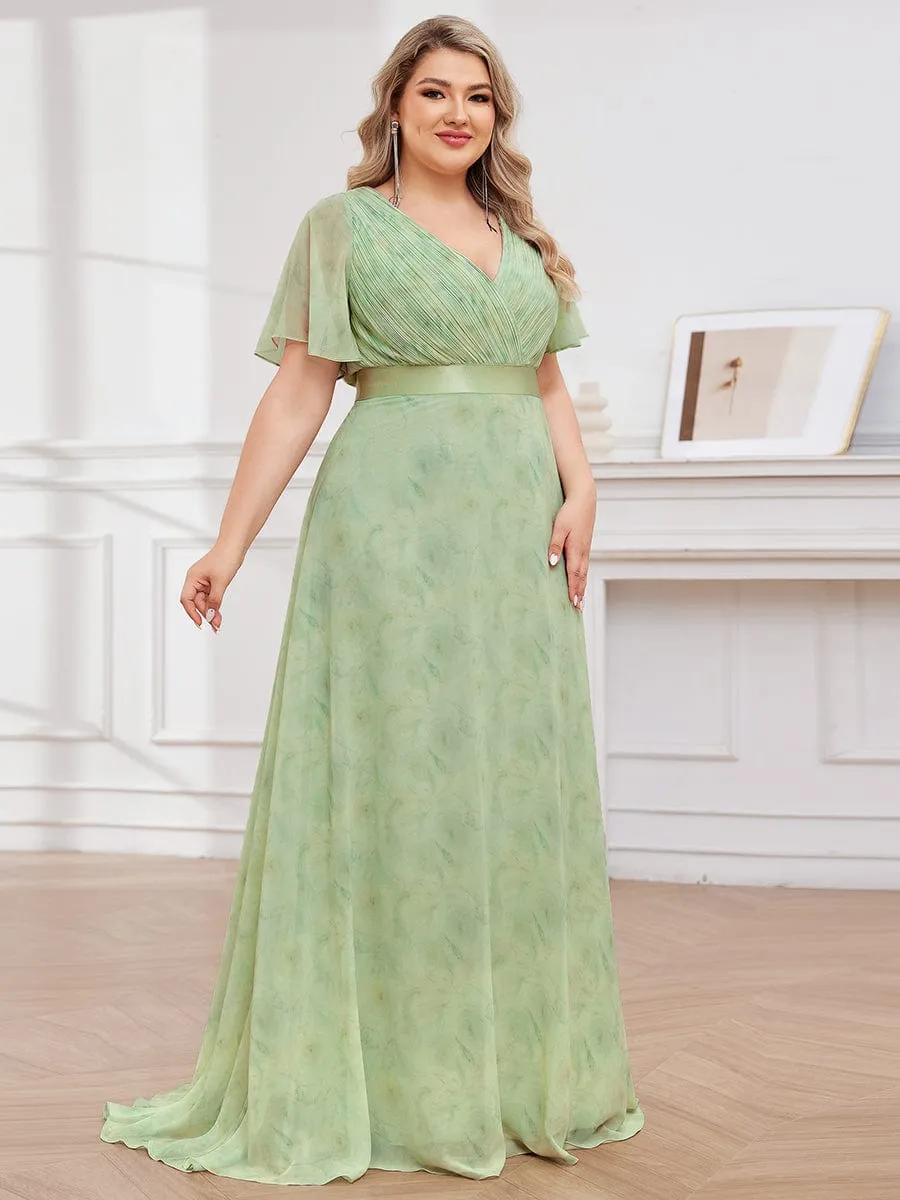 Long Empire Waist Bridesmaid Dress with Short Flutter Sleeves