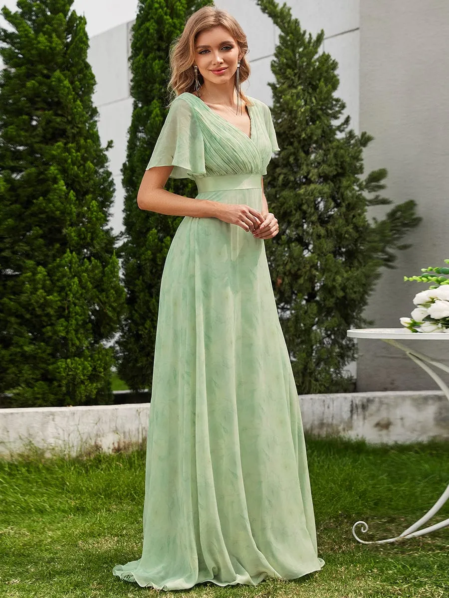 Long Empire Waist Bridesmaid Dress with Short Flutter Sleeves