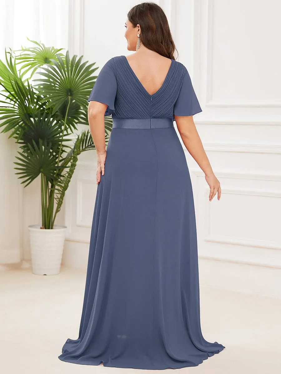 Long Empire Waist Bridesmaid Dress with Short Flutter Sleeves