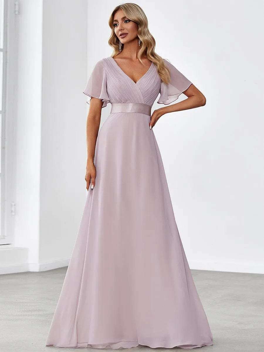 Long Empire Waist Bridesmaid Dress with Short Flutter Sleeves