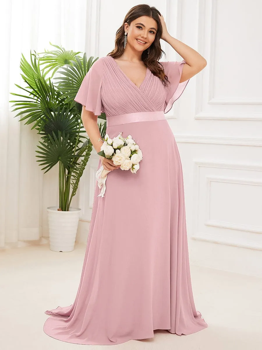 Long Empire Waist Bridesmaid Dress with Short Flutter Sleeves