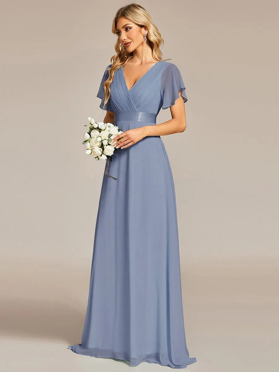 Long Empire Waist Bridesmaid Dress with Short Flutter Sleeves