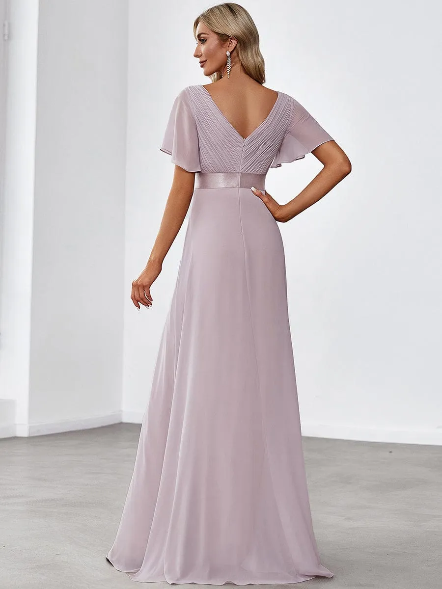 Long Empire Waist Bridesmaid Dress with Short Flutter Sleeves