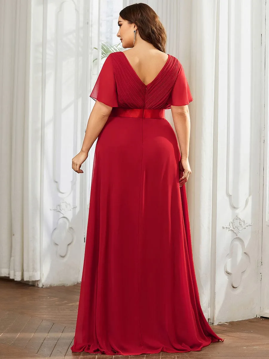 Long Empire Waist Bridesmaid Dress with Short Flutter Sleeves