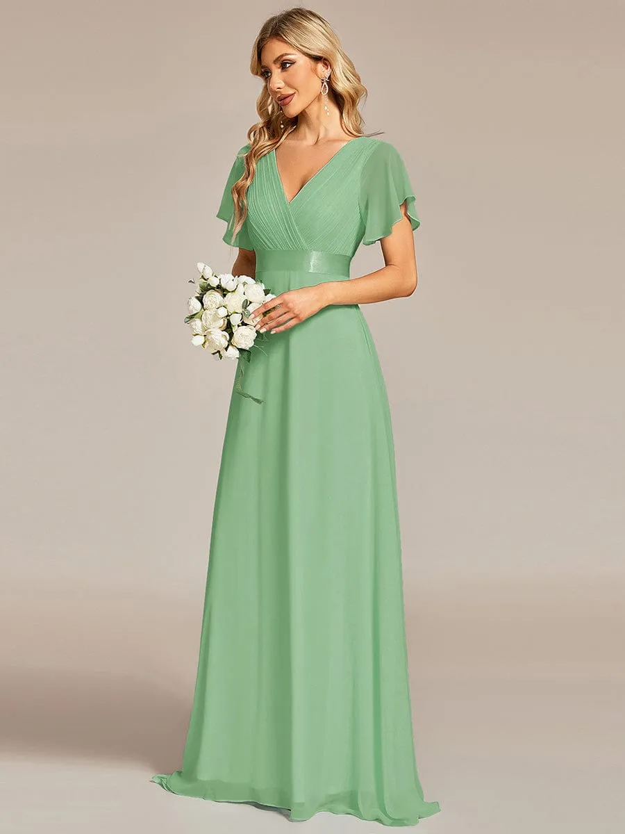 Long Empire Waist Bridesmaid Dress with Short Flutter Sleeves