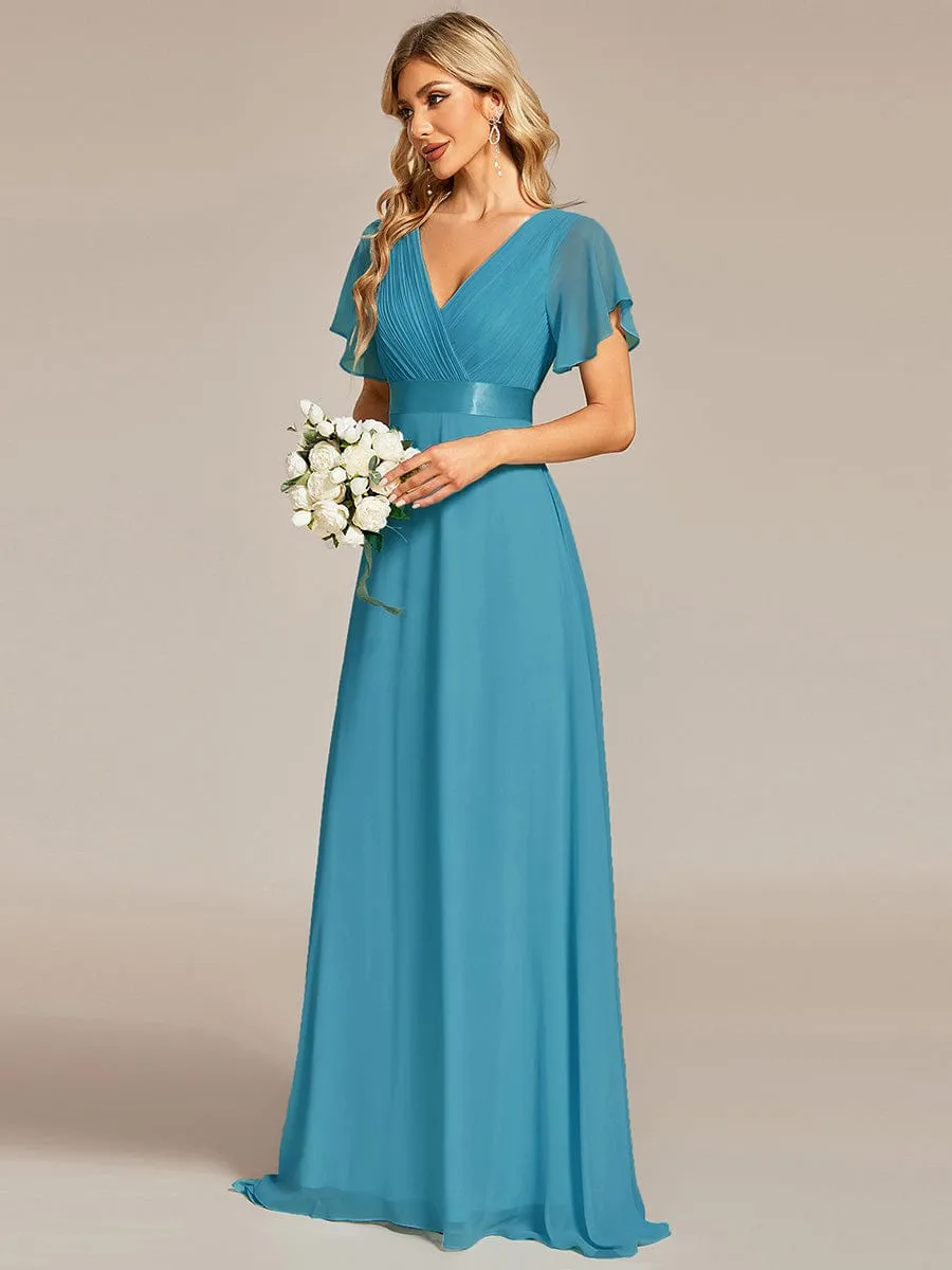 Long Empire Waist Bridesmaid Dress with Short Flutter Sleeves