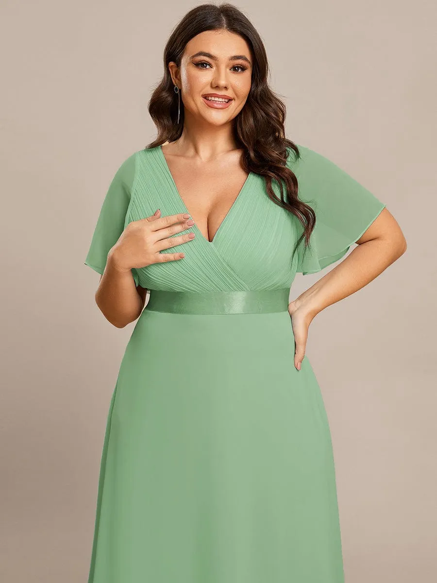 Long Empire Waist Bridesmaid Dress with Short Flutter Sleeves