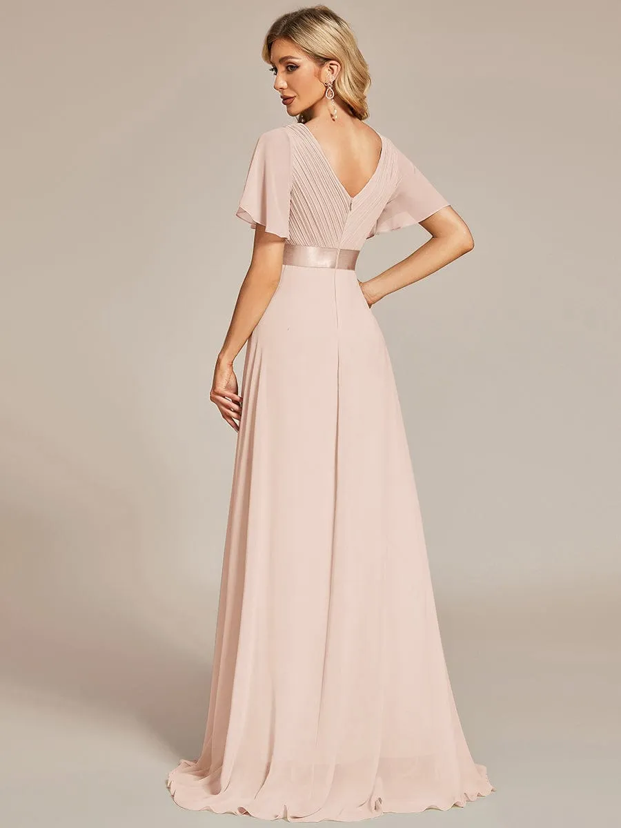 Long Empire Waist Bridesmaid Dress with Short Flutter Sleeves