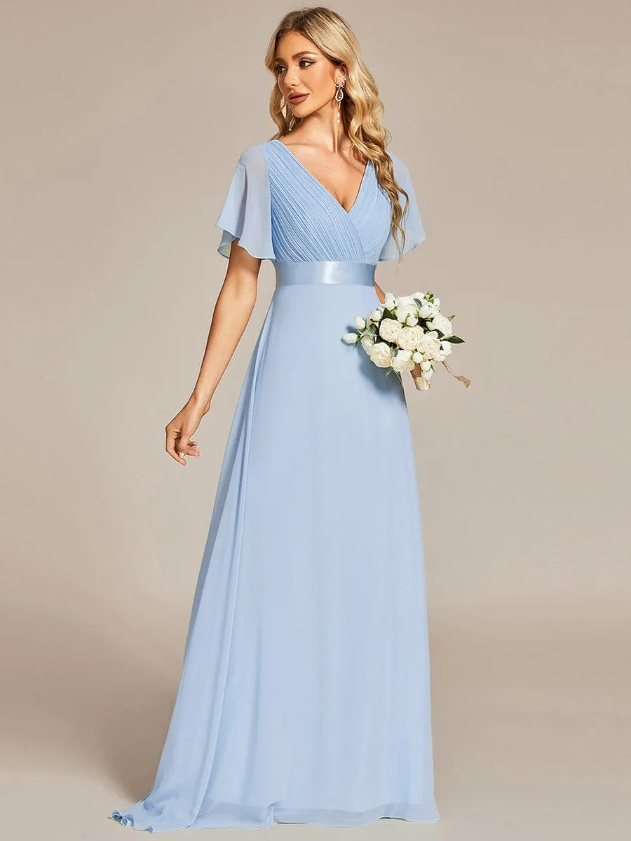 Long Empire Waist Bridesmaid Dress with Short Flutter Sleeves