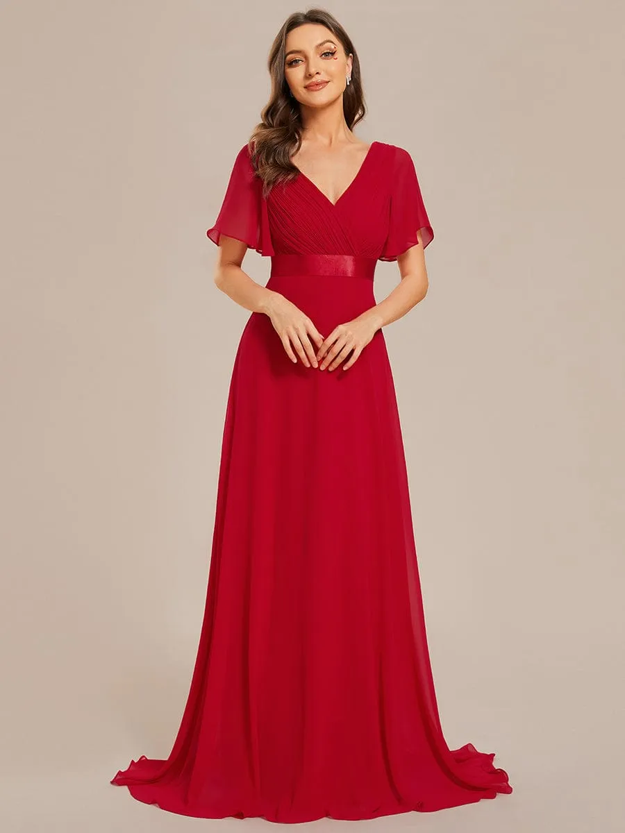 Long Empire Waist Bridesmaid Dress with Short Flutter Sleeves