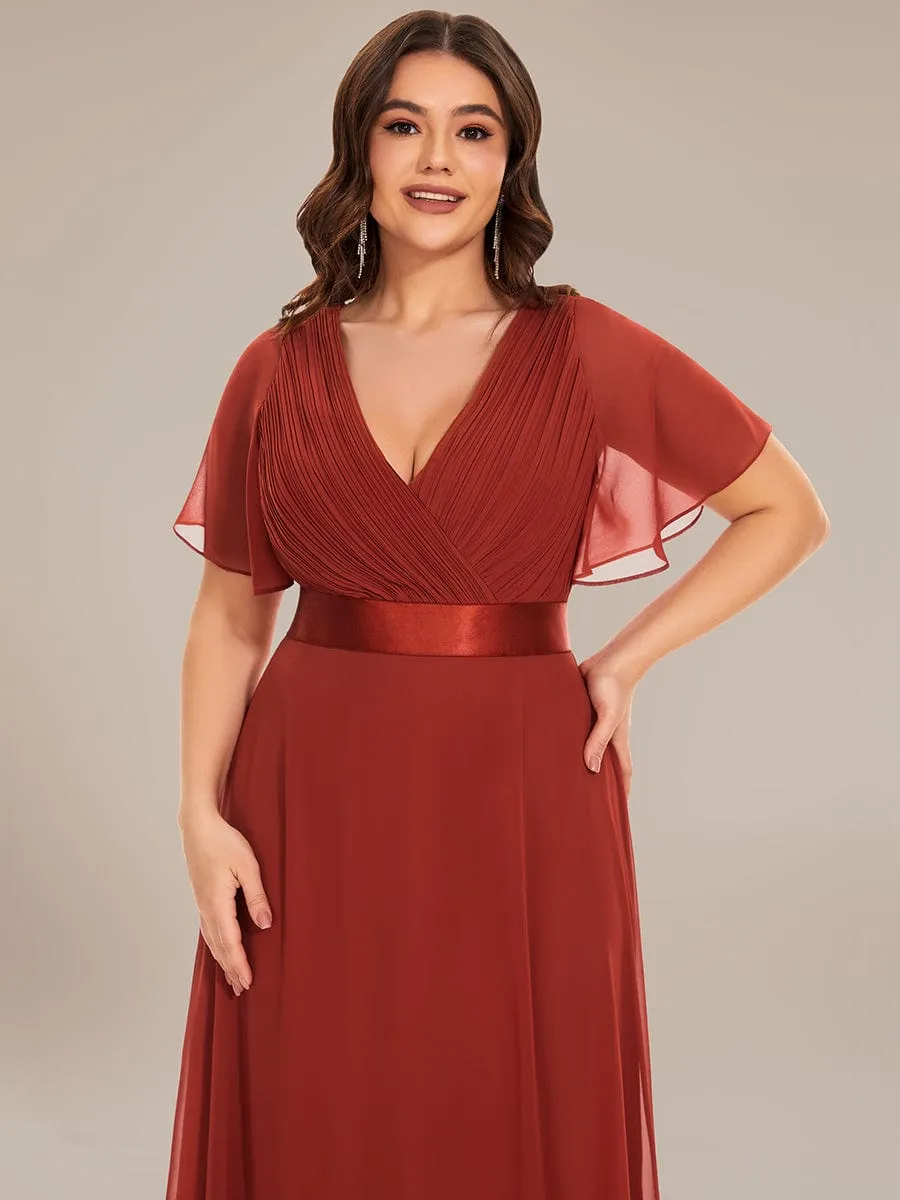 Long Empire Waist Bridesmaid Dress with Short Flutter Sleeves