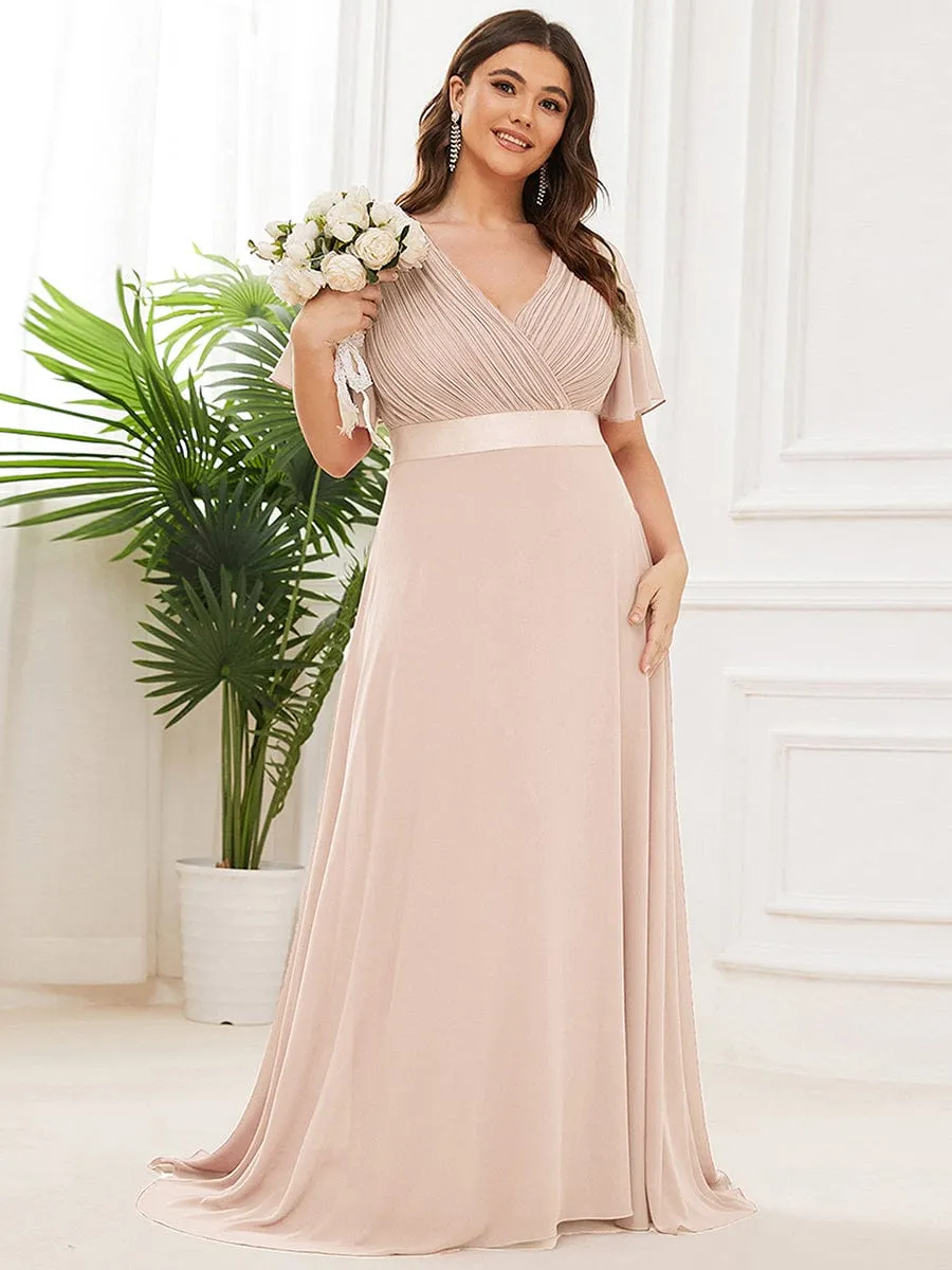 Long Empire Waist Bridesmaid Dress with Short Flutter Sleeves