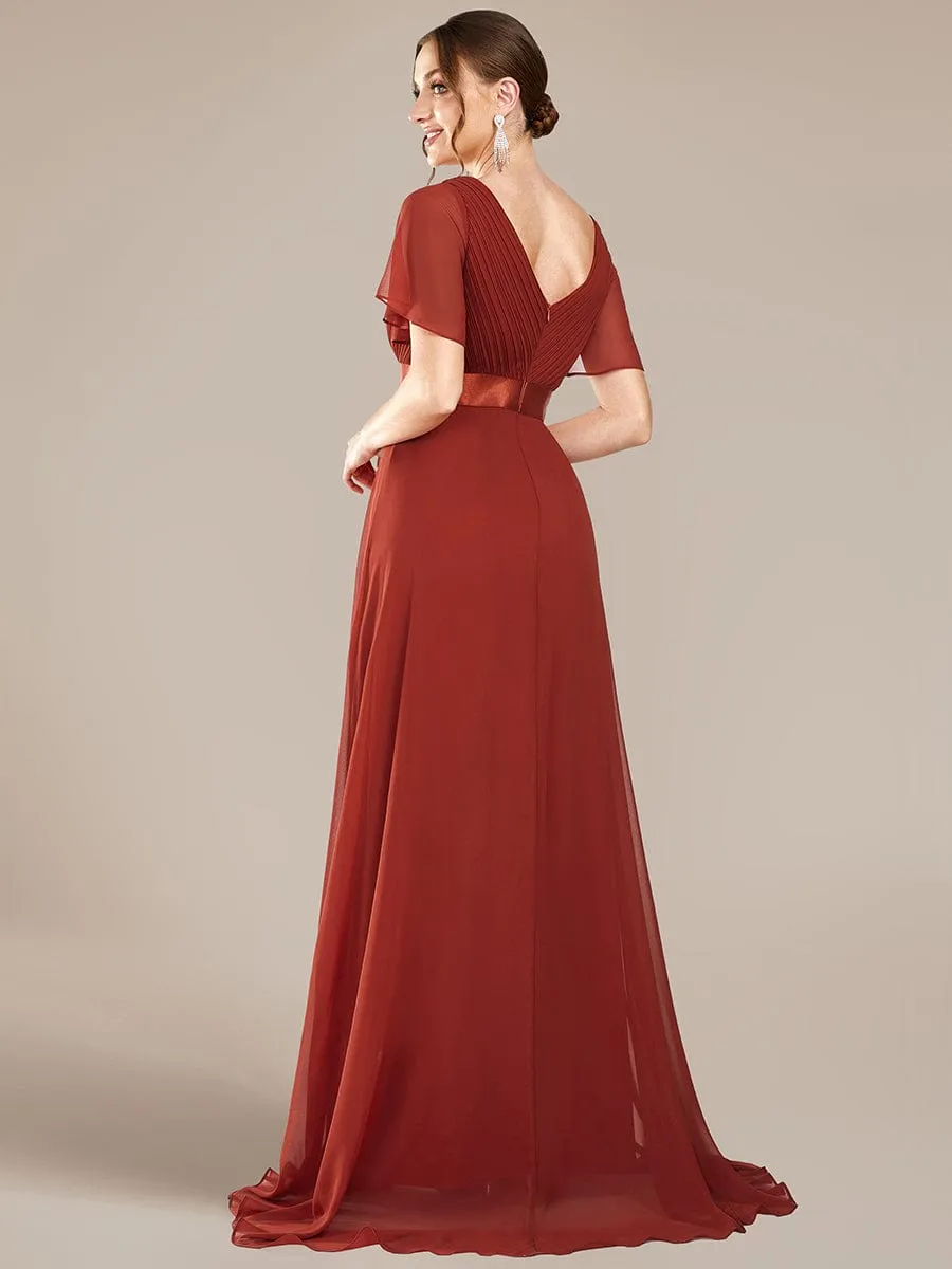 Long Empire Waist Bridesmaid Dress with Short Flutter Sleeves