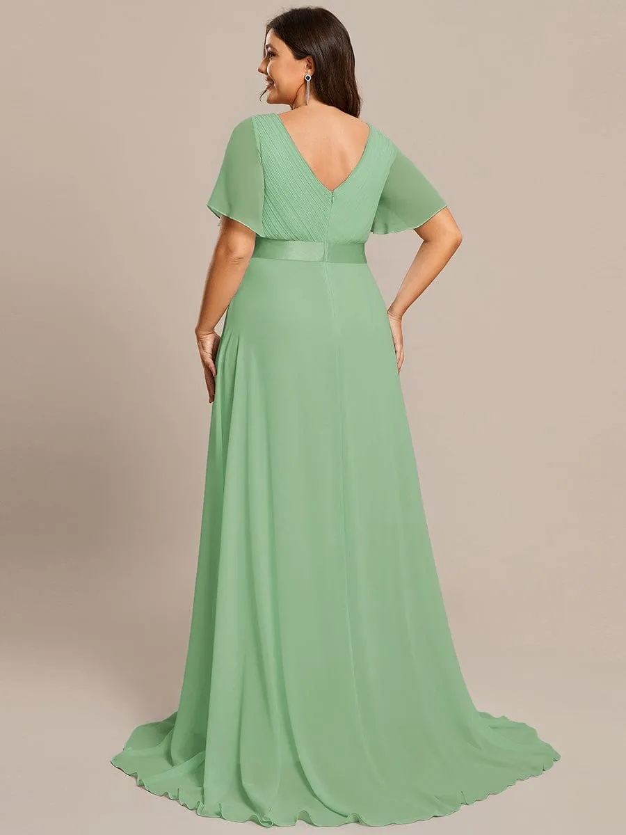 Long Empire Waist Bridesmaid Dress with Short Flutter Sleeves