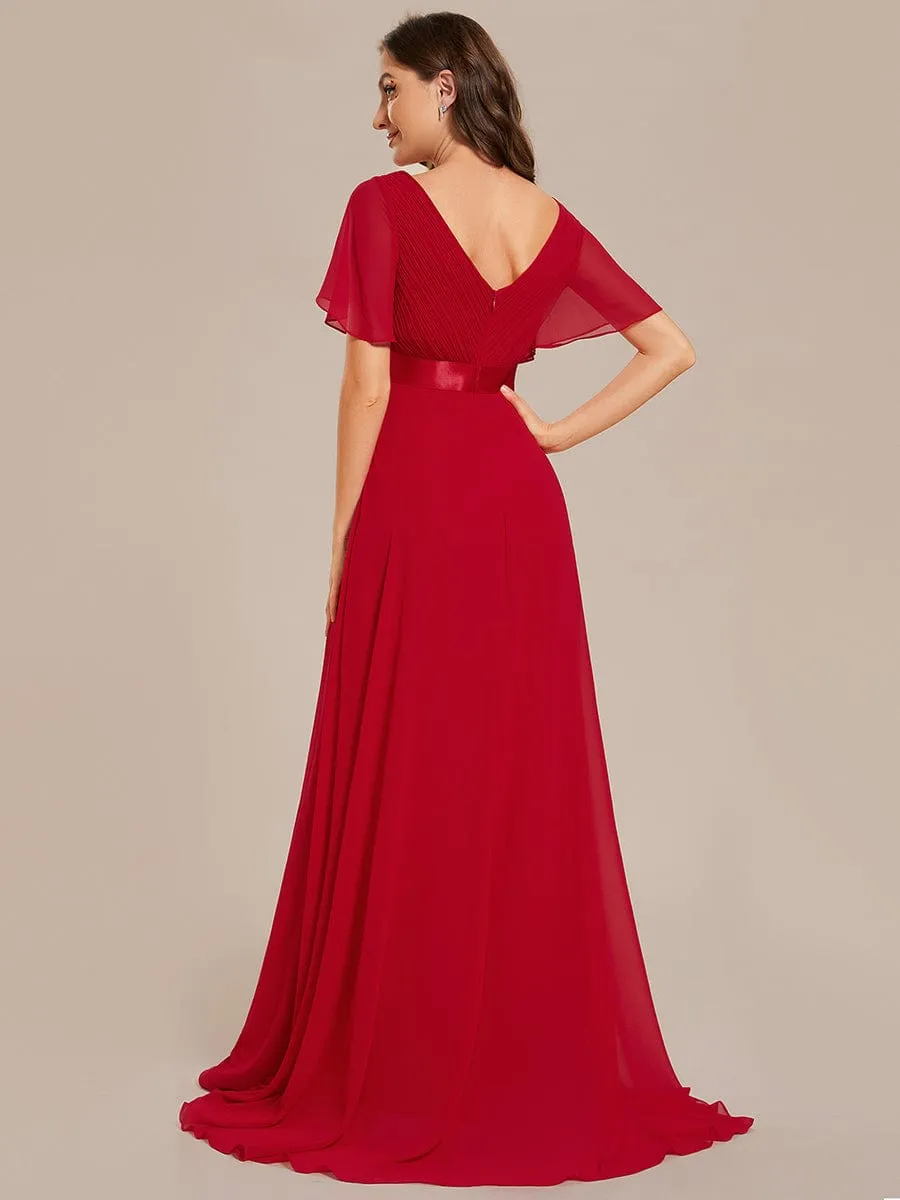 Long Empire Waist Bridesmaid Dress with Short Flutter Sleeves