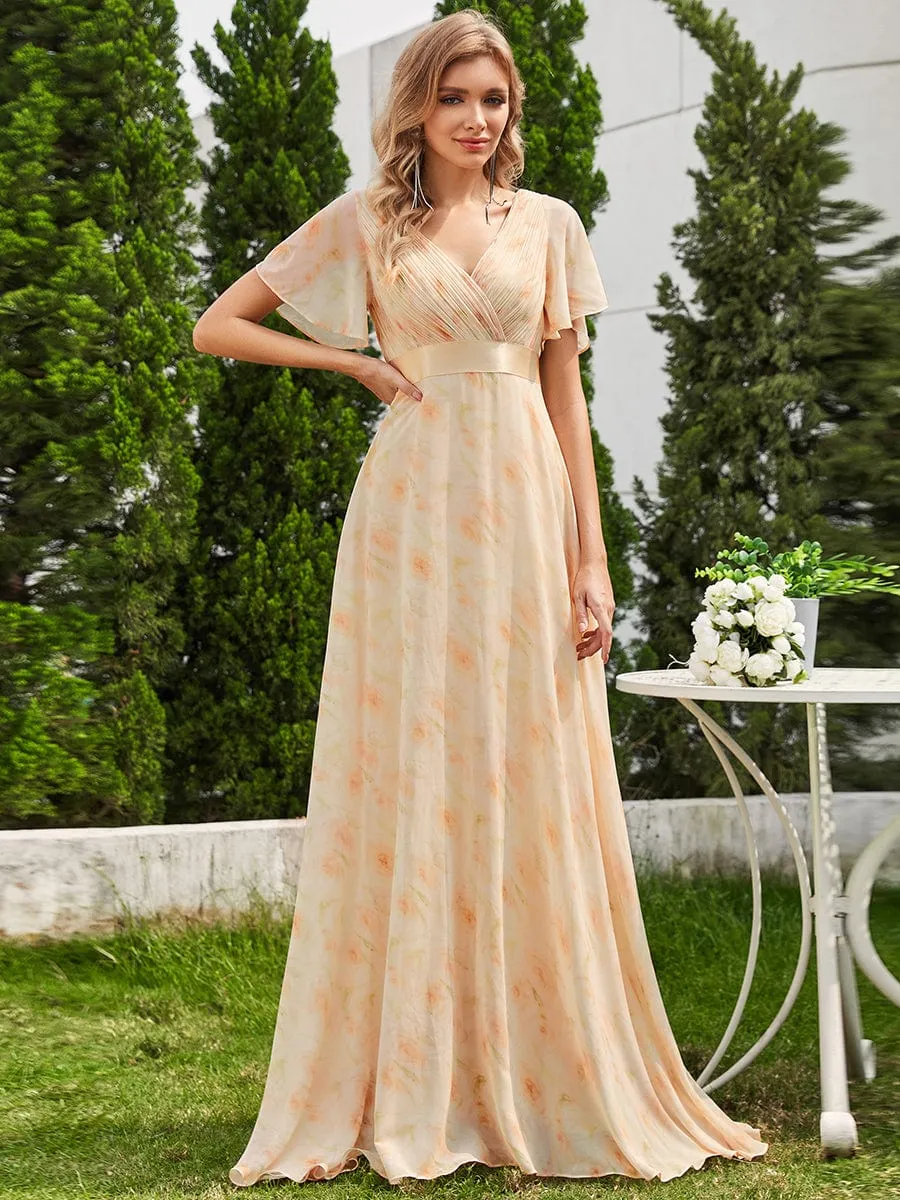 Long Empire Waist Bridesmaid Dress with Short Flutter Sleeves